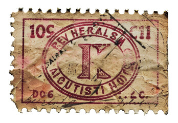 Torn vintage postage stamp in red png isolated on transparent background