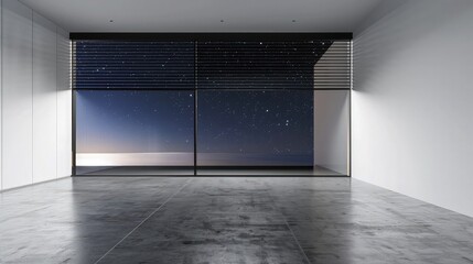 A minimalistic room at night showcasing polished concrete floors, stark white walls, and a floor-to-ceiling window dressed with blackout blinds partially raised to reveal a starry sky.