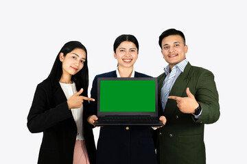 Business man and business woman working in green screen laptop showing gestures and expressions