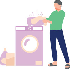 A boy is washing clothes in a washing machine.
