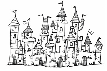 Obraz premium Cartoon cute doodles of a fantasy castle built with twisting spiral cubes, Generative AI