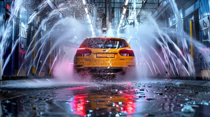 Car's rear in an automatic car wash, with rich soap bubbles and forceful water streams, showcasing the vibrant cleaning action
