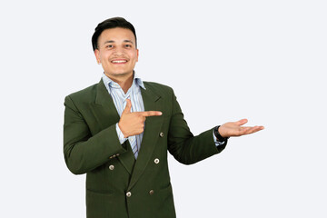 A Business man in formal attire giving gestures and expressions with device happy confident