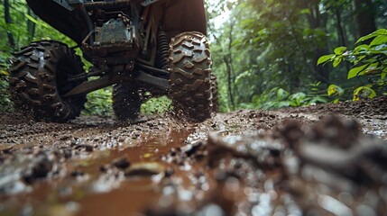 An ATV's journey through a dense, muddy forest trail, wheels spinning, mud splattering, trees and foliage in the background