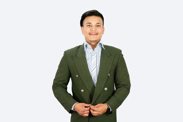 A Business man in formal attire giving gestures and expressions with device happy confident