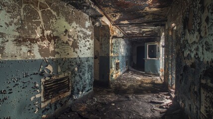 An eerie bunker setting, a gun half-buried in dirt and debris, the walls covered in peeling paint and mold, faint sunlight filtering through broken vents, creating a haunting glow