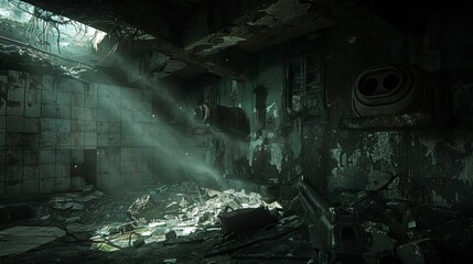 An eerie bunker setting, a gun half-buried in dirt and debris, the walls covered in peeling paint and mold, faint sunlight filtering through broken vents, creating a haunting glow