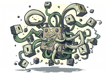 Cartoon cute doodles of a fantasy creature with a body made of interconnected spiral cubes, Generative AI
