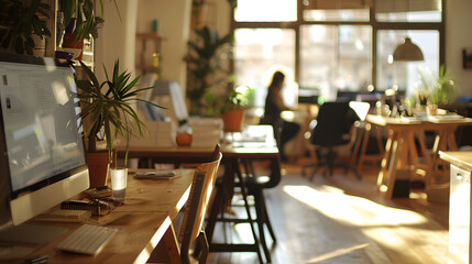 Co-working office space interior, digital nomad shared workspace, computer, table, comfortable room