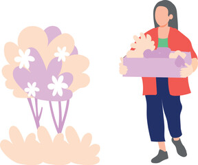 A girl is holding the tray of flowers.
