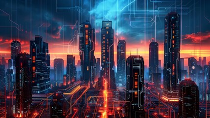 Fototapeta premium Modern futuristic digital circuit city building background.
