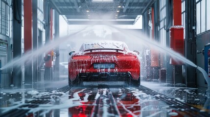 Automatic car wash station rear view, car covered in thick soap foam and hit by strong water jets, creating a visually striking image
