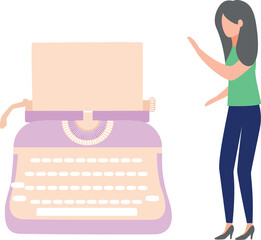 A girl is talking about a typewriter machine.