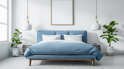 Blue boys bed in a minimalist bedroom, white walls, two stylish lamps, uncluttered space, modern and serene design