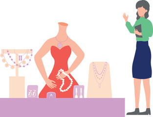 A girl is talking about jewelry in a shop.