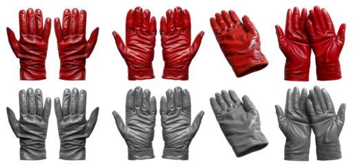 2 Set of red maroon grey gray leather hand gloves, front back and flat lay view on transparent cutout PNG file. Mockup template for artwork design