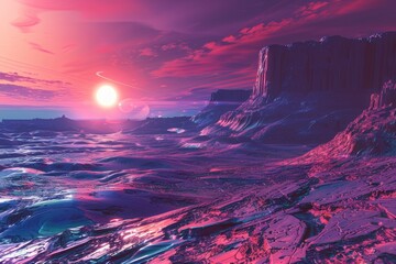 Vivid neon-pink sunset over a rugged, alien landscape, evoking a sense of mystery and unexplored worlds.

