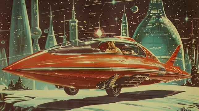 Retro futuristic illustration of a sleek, red flying car in a bustling intergalactic city, exuding vintage sci-fi charm.

