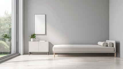 A modern teen's room featuring an empty light grey wall with a sleek, white bed and matching sideboard. Bright natural light streams in through a large window, creating an ideal setting for a poster.