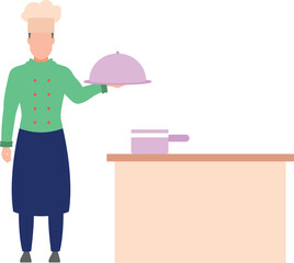 The chef is holding the dish.