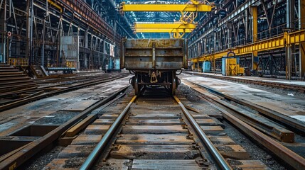 Fototapeta premium a metal cart on a set of railroad tracks inside a large factory 