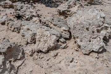 Salt weathering of beachrocks，Beachrock is a friable to well-cemented sedimentary rock. Kaena point / Yokohama bay, Leeward Coast of Oahu, Hawaii.