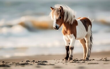 Cute small horse standing on the sand.