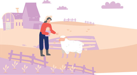 The girl is herding sheep in the farm.