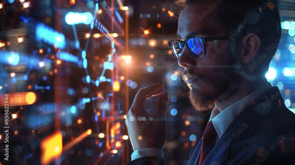 Wall mural Business man with holographic interface