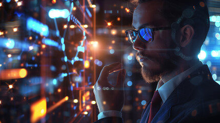 Naklejka premium Business man with holographic interface