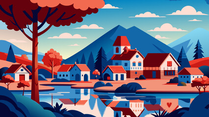 Naklejka premium A mesmerizing illustration of a house and tree surrounded by beautiful scenery.