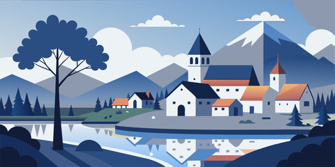 A mesmerizing illustration of a house and tree surrounded by beautiful scenery.