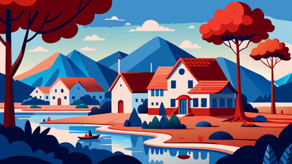 Naklejka premium A picturesque setting is formed by a charming cozy house nestled beside a majestic tree.