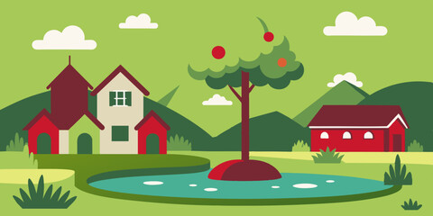 Fototapeta premium The scene is transformed into a cozy and picturesque setting by a charming house nestled under a leafy tree.