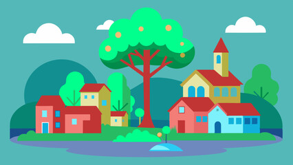 Fototapeta premium The scene is transformed into a cozy and picturesque setting by a charming house nestled under a leafy tree.