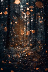 Enchanting Forest with Magical Light Particles at Dusk, Mystical Woodland Scene with Glowing Bokeh Effects, Dreamlike Atmosphere in Nature, Captivating Nighttime Photography