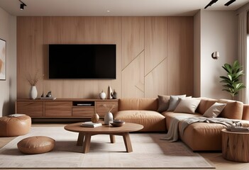 Photorealistic 3D visualization of a modern, cozy living room with a large, plush gray sofa, a sleek TV cabinet in a rich wood tone