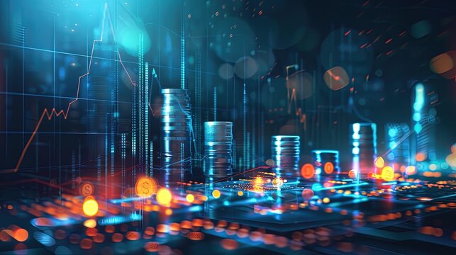 Stacks of coins growing with financial charts showing increasing profits