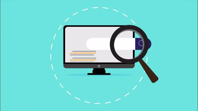 Internet Search. Magnifying glass with monitor screen. Light blue background.