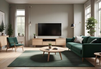 Photorealistic 3D visualization of a modern, cozy living room with a large, plush gray sofa, a sleek TV cabinet in a rich wood tone