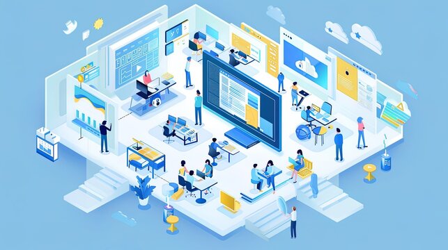 Software developers working on computers in open space office with big data analysis and cloud computing concept isometric illustration