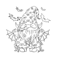 Vector illustration of a gnome with flying bags. Halloween party. Cute gnome illustration