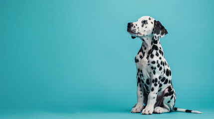 A black and white dog is sitting on a blue background