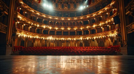 Fototapeta premium Empty theater stage lighting up red velvet seats under ornate balcony