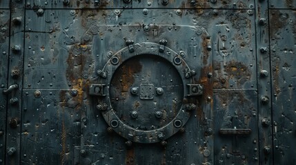 Closeup of submarine's door, detailed metal textures, aged surface, slight rust, atmospheric lighting