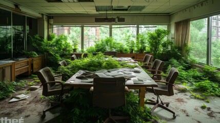 Fototapeta premium Decaying corporate boardroom, papers scattered, lush greenery invading through the floor, a stark contrast of past human activity and nature's revival