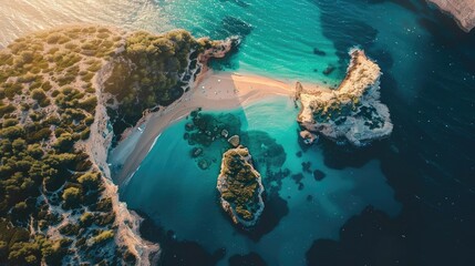 Aerial view of a stunning secluded beach with crystal clear turquoise waters, surrounded by lush greenery and rocky formations.