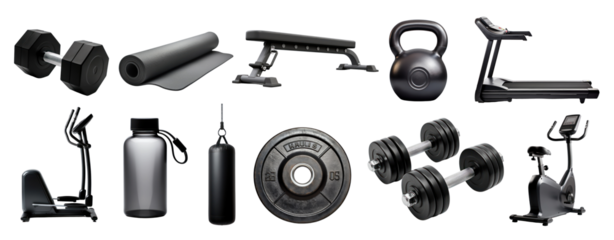 Gym equipment png cut out element set