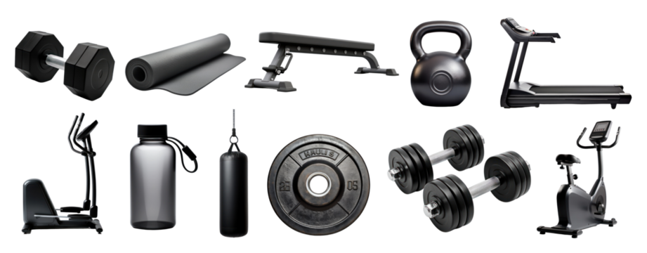 Gym equipment png cut out element set