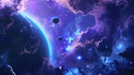 A spacethemed birthday background with stars, planets, and a rocket ship, dark blue and purple hues, adventurous and imaginative